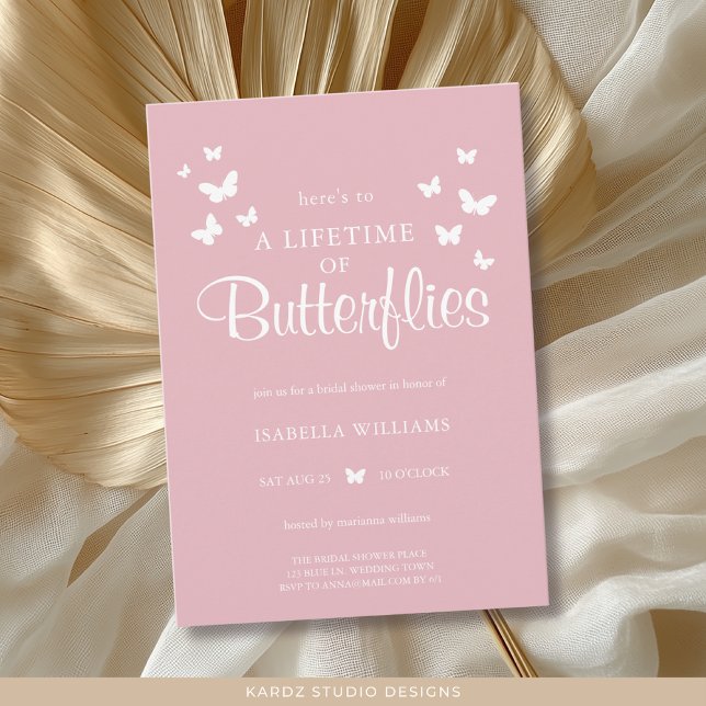 Pink Modern Here’s to a Lifetime of Butterflies Invitation (Invite shown in 5 x 7 inches, choose size, paper and corner style. Buy print or digital invitations.)
