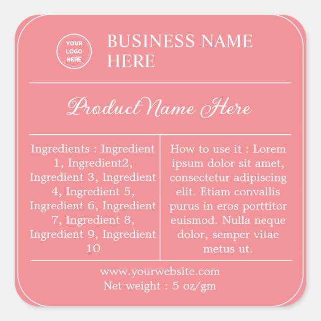 Pink Modern Ingredients Instructions Product Label (Front)