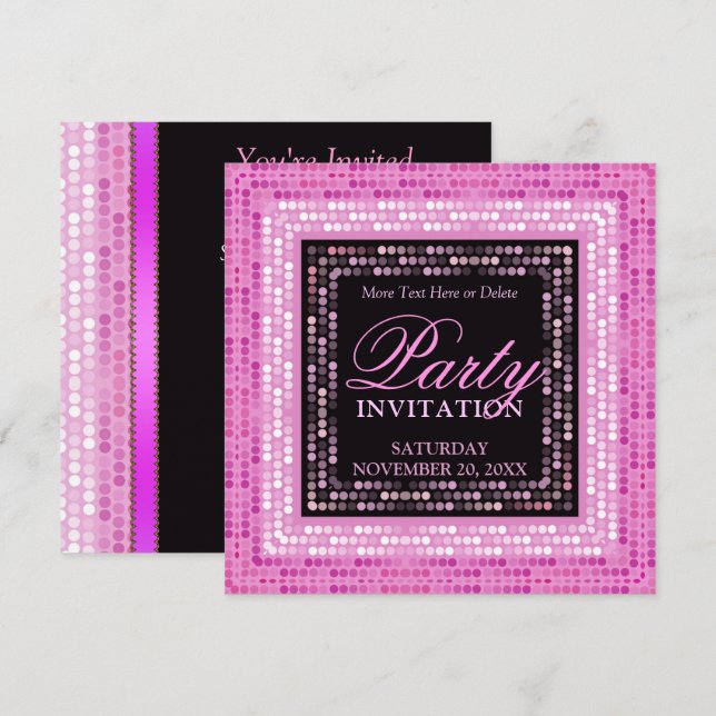 Pink Modern Lights Disco Dance Party Invitations (Front/Back)