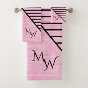 Pink Modern Line Art Monogram Bath Towel Set