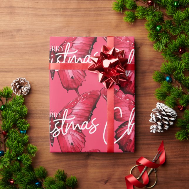 Pink Modern Merry Christmas Butterfly Wrapping Paper (Holiday Gift)