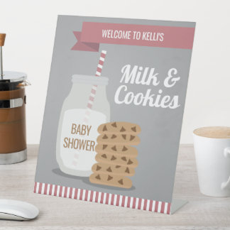 Pink Modern Milk and Cookies Striped Pedestal Sign