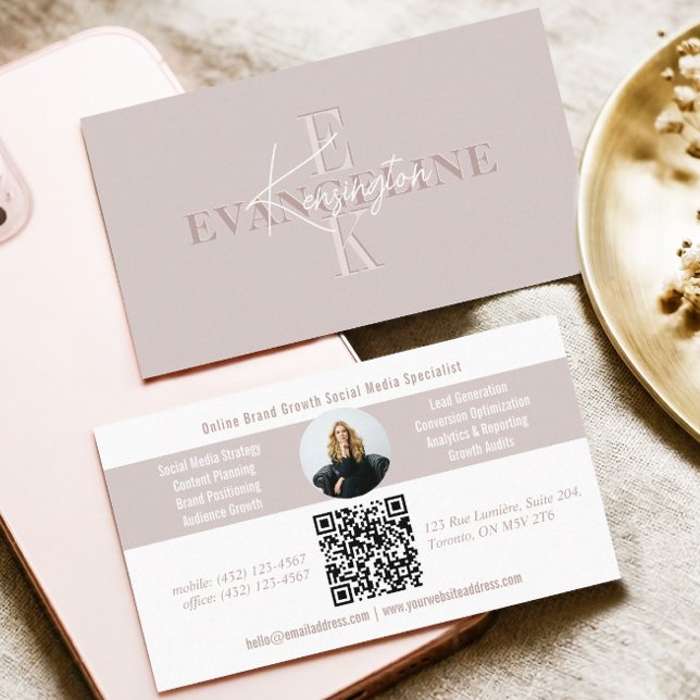 Pink Modern Minimal Monogram Script Photo QR Code Business Card (Pink Modern Minimal Monogram Script Photo QR Code Business Card)