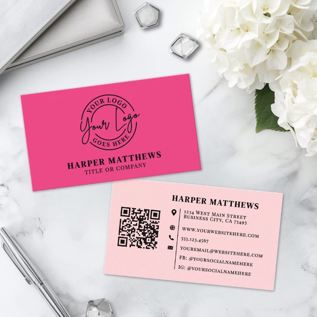 Pink Modern Minimalist Logo QR Code Business Card (Pink Modern Minimalist Logo QR Code Business Card)