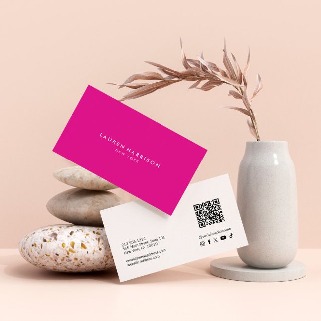 Pink Modern Minimalist Qr Code Social Media Business Card (Creator Uploaded)