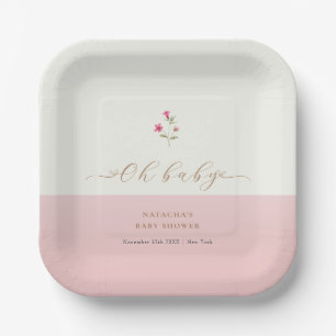 Pink Modern Minimalist Wildflower Baby Shower Paper Plate