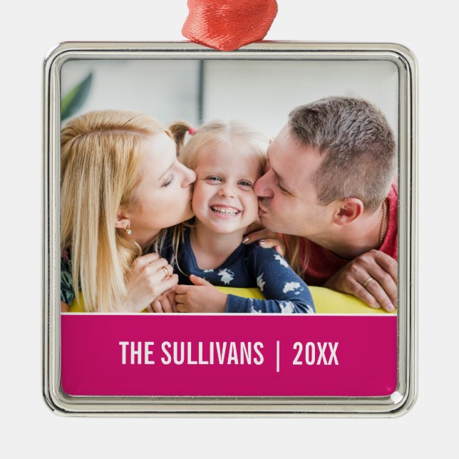 Pink | Modern Personalised Photo and custom text Metal Ornament (Front)
