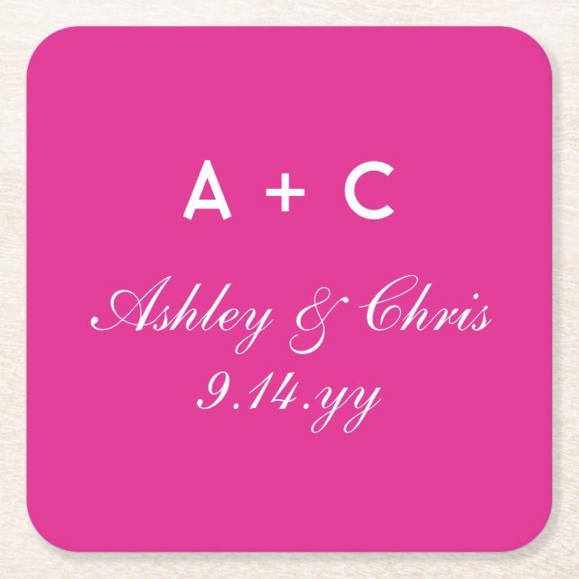 Pink Modern Personalised Wedding Reception Favour Square Paper Coaster (Front)