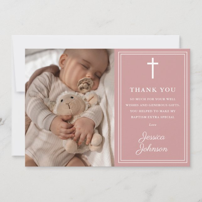 Pink Modern Photo Baptism Christening Thank You Card (Front)