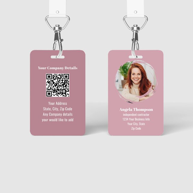 Pink Modern Photo QR Code Employee ID Badge (Pink business photo ID Badge with QR code template.)