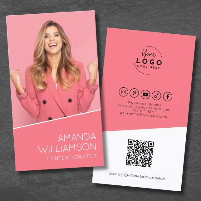 Pink Modern Photo Your Logo Business Card (Pink Modern QR Code Your Logo Business Card)
