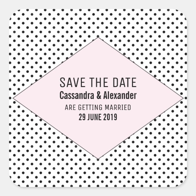 Pink Modern Polka Dots Save the Date Square Sticker (Front)