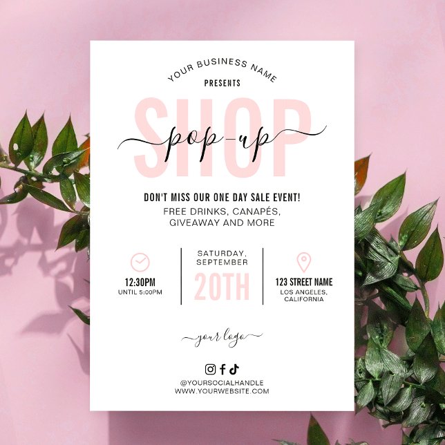 Pink Modern Pop Up Shop Marketing Flyer Market Day Invitation (Feminine pink and white Pop-Up Shop invitation with fully editable text & colors)