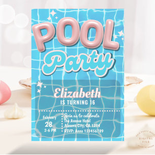 Pink Modern Preppy Girls Pool Birthday Chic Invitation