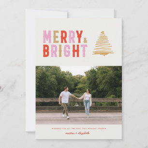 PINK MODERN RETRO MERRY & BRIGHT   1 Photo Card