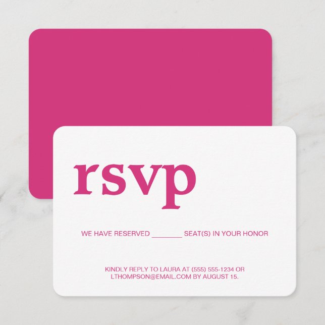 Pink Modern RSVP without mailing Reserved Seat Card (Front/Back)