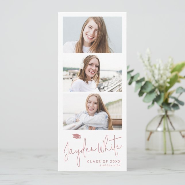 Pink Modern Script 3 Photo Graduation Announcement (Standing Front)