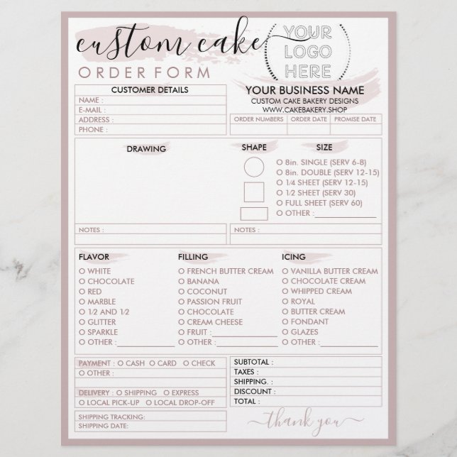 Pink Modern Script Bakery Cake Order Form Flyer (Front)