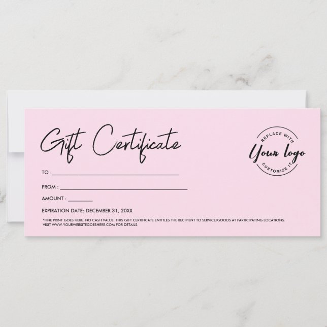 Pink Modern Script Custom Logo Gift Certificate Invitation (Front)