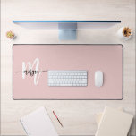 Pink Modern Script Girly Monogram Name Desk Mat<br><div class="desc">Add a touch of elegance to your workspace with the Pink Modern Script Girly Monogram Name Desk Mat. This chic mat features a soft blush pink design adorned with a sophisticated script monogram, offering a personalised flair to your desk area. Crafted from durable materials, it provides a smooth, spacious surface...</div>