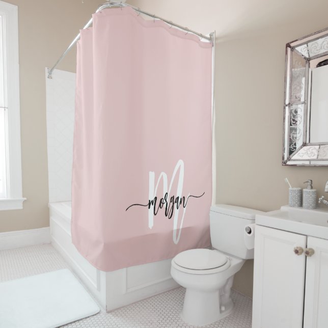 Pink Modern Script Girly Monogram Name Shower Curtain (In Situ)