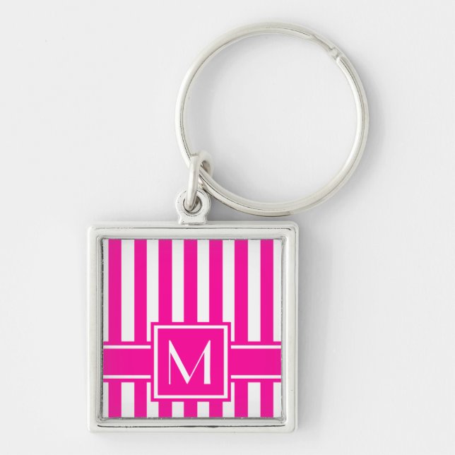 Pink Modern Stripe with Monogram Key Ring (Front)