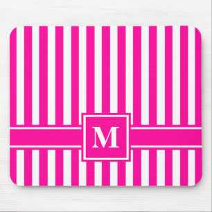 Pink Modern Stripe with Monogram Mouse Pad