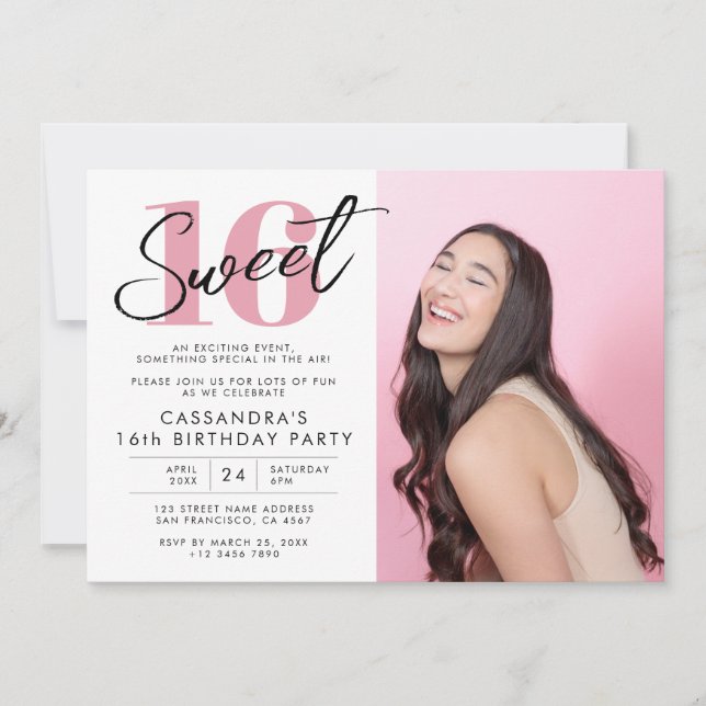 Pink Modern Sweet Sixteen Birthday with Photo Invitation (Front)