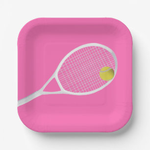 Pink Modern Tennis Ball White Racket Paper Plate