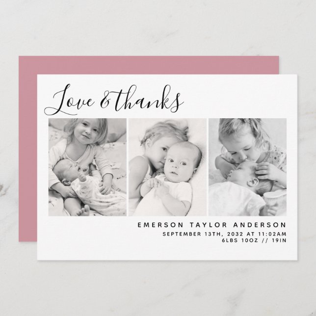 Pink Modern Three Photos New Baby Thank You Card (Front/Back)