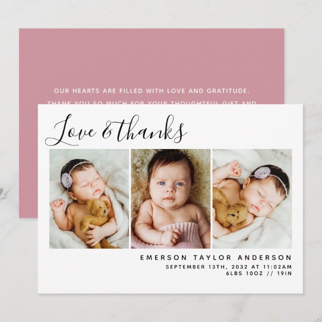Pink Modern Three Photos New Baby Thank You Card (Front/Back)