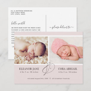 Pink Modern Twin Girls Photo Birth Announcement Postcard