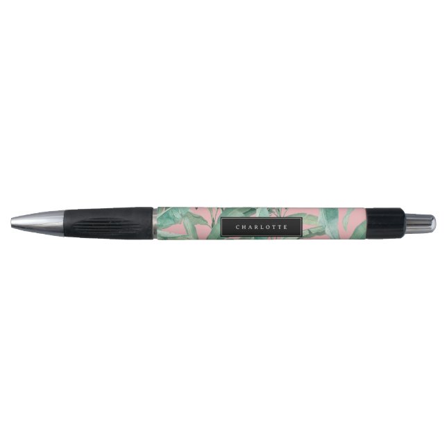 Pink Modern Watercolor Tropical Banana Palm Leaves (Front)