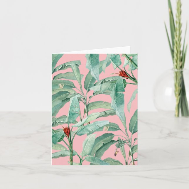Pink Modern Watercolor Tropical Banana Palm Leaves Card (Front)