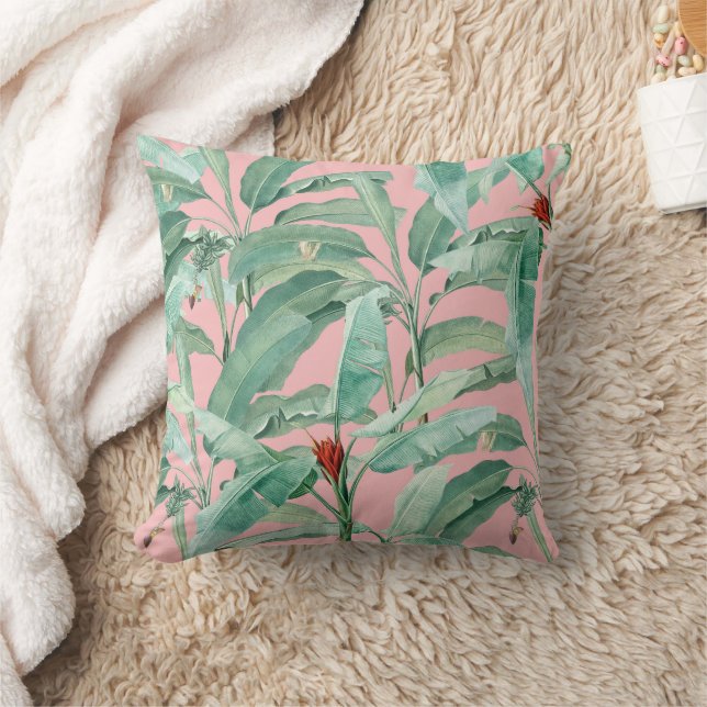Pink Modern Watercolor Tropical Banana Palm Leaves Cushion (Blanket)