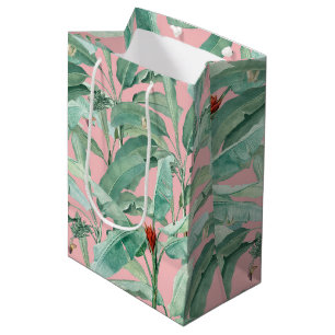 Pink Modern Watercolor Tropical Banana Palm Leaves Medium Gift Bag