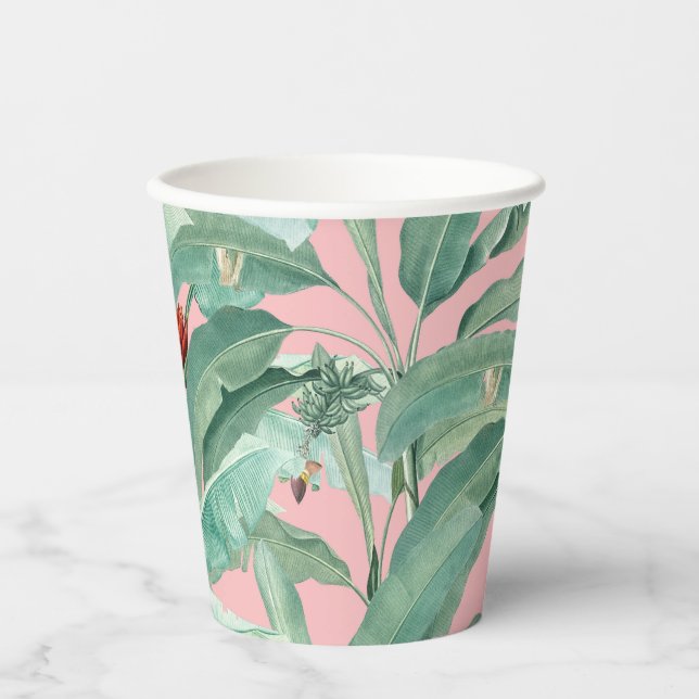 Pink Modern Watercolor Tropical Banana Palm Leaves Paper Cups (Front)