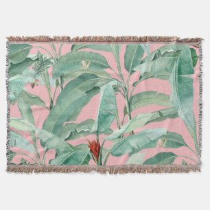 Pink Modern Watercolor Tropical Banana Palm Leaves Throw Blanket