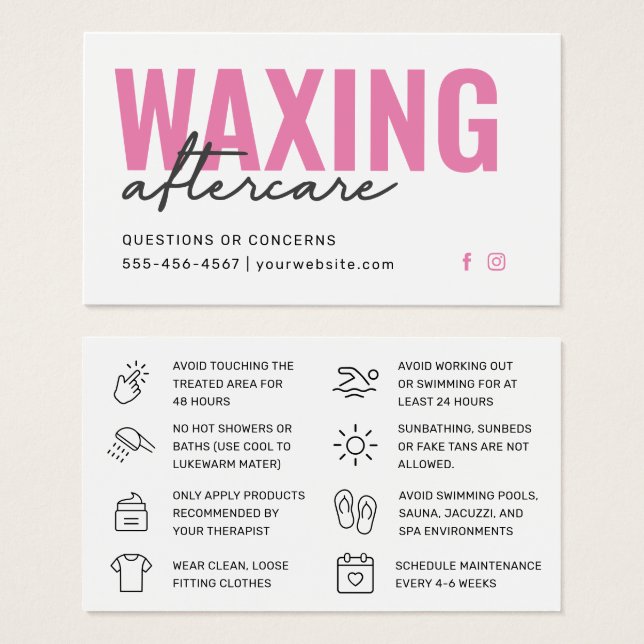 Pink Modern Waxing Aftercare Card Hair Removal  (Front & Back)