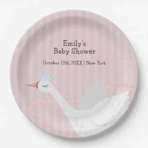 Pink Modern Whimsical Princess Swan Baby Shower  Paper Plate