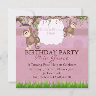 Pink Monkey Fun Photo Birthday Invite