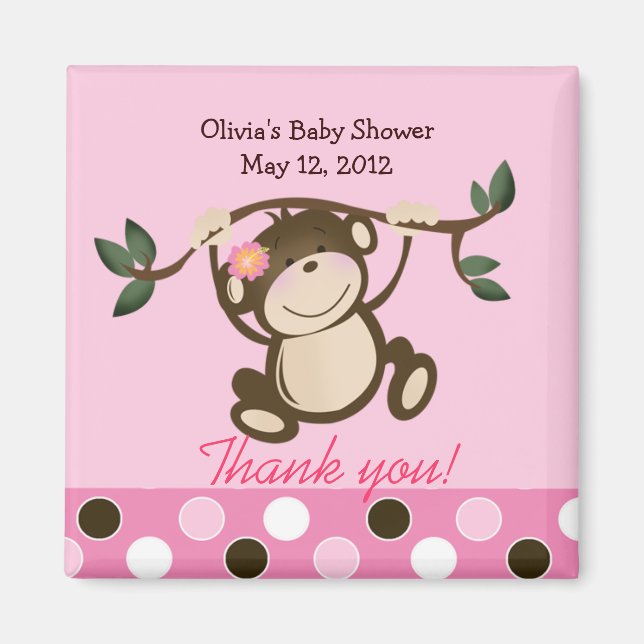 Pink Monkey Play Baby Shower Favour Magnet (Front)