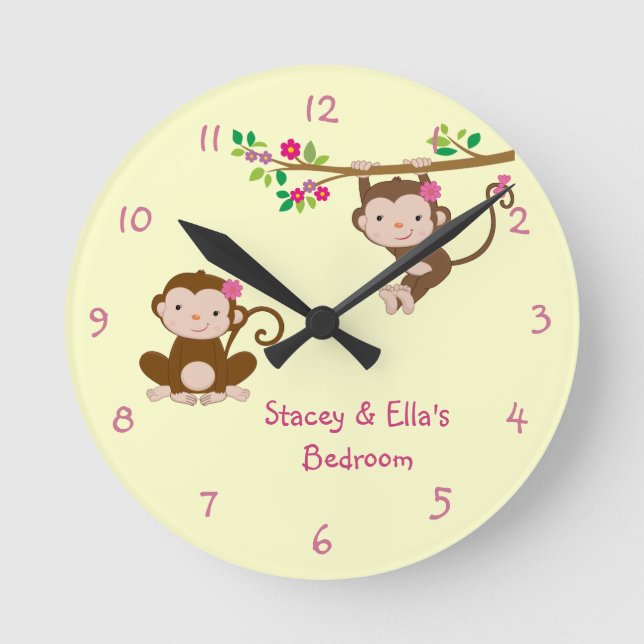 Pink Monkey Sisters Personalised Shared Bedroom Round Clock (Front)