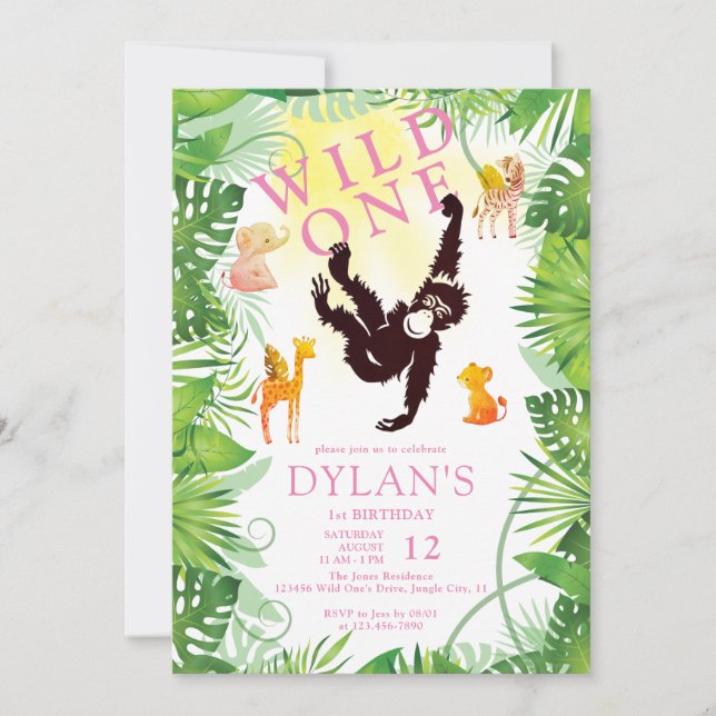 Pink Monkey Wild One Jungle Safari Girl 1st Bday Invitation (Front)
