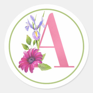 PINK MONOGRAM A WITH SUMMER FLOWERS CLASSIC ROUND STICKER