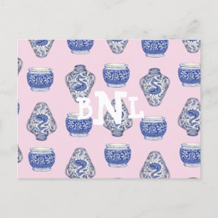 Pink Monogram Chinoisserie Ginger Jar Holiday Postcard