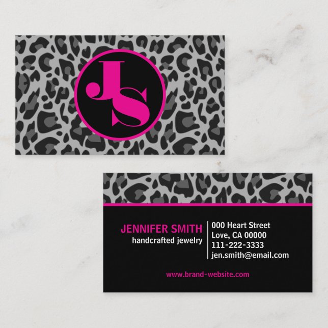Pink Monogram Classic Leopard Print Rockabilly Business Card (Front/Back)