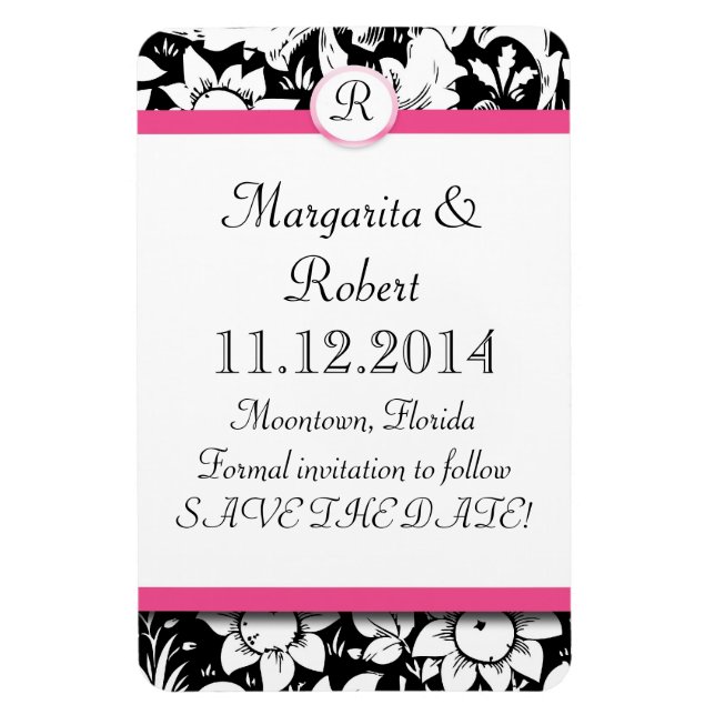 pink monogram damask save the date magnets (Vertical)