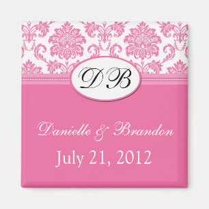 Pink Monogram Damask Wedding Magnet