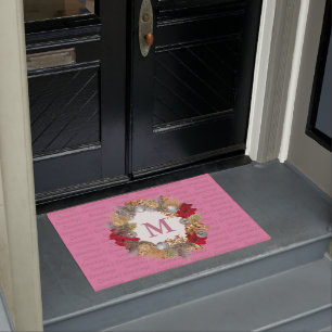 Pink MONOGRAM Decorative Christmas Wreath Doormat
